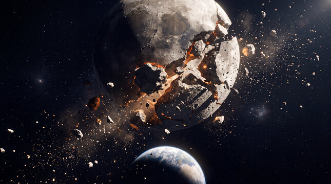 Dramatic moon breaking apart space with glowing interior fragments and Earth below, cosmic debris and fiery asteroid collision creating intense