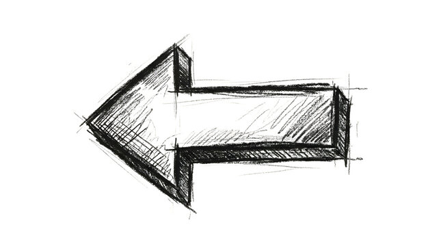 Hand drawn charcoal sketch arrow pointing left isolated on white
