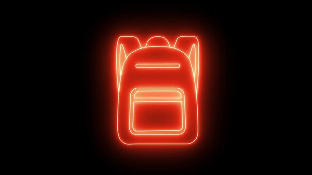 Glowing neon backpack icon for school education, travel luggage, and tourism animation.