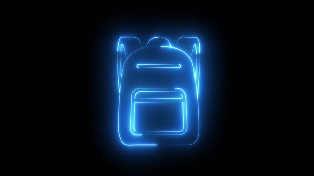 Glowing neon backpack icon for school education, travel luggage, and tourism animation.