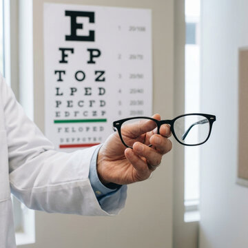 Optometrist holding glasses near eye chart vision test optometry examination healthcare concept