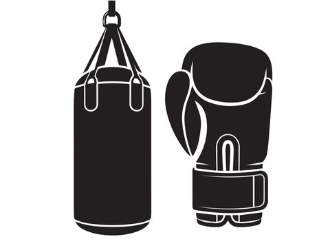 Boxing glove and punching bag vector icon set for combat sports and fitness training