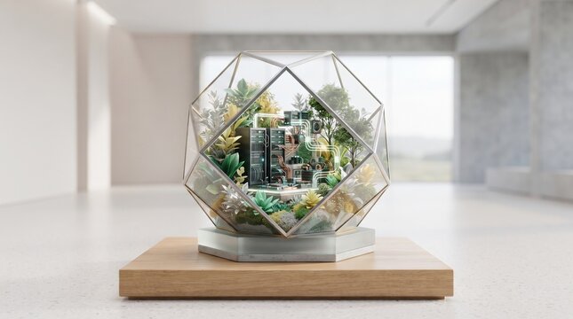 Futuristic server cluster in a glass biodome with lush green plants and organic elements representing sustainable technology and ecological data centers.