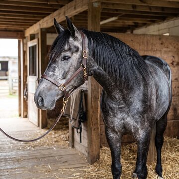 Beautiful dapple grey horse standing inside a rustic wooden stable wearing a leather halter