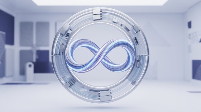 Infinite loop symbol rendered in swirling blue and purple metallic strands within a futuristic circular frame, representing eternity and continuous technology.