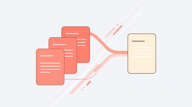 Three red documents merging into a single light beige document, representing data aggregation, consolidation, and information processing.