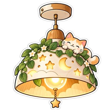 Cute Cat Hanging Lamp with Plants &ndash; Kawaii Cozy Light Fixture Vector Sticker