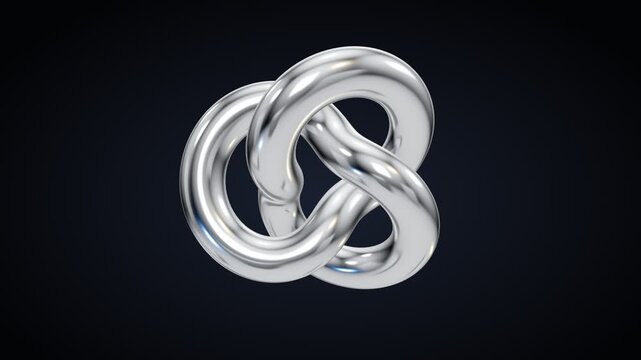 Abstract metallic knot sculpture evolving through three stages of complexity and size against a dark background