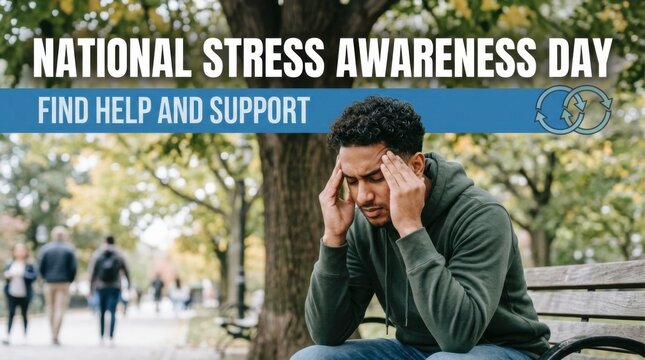 Man With Headache During Stress Awareness Day Campaign Seeking Mental Health Support
