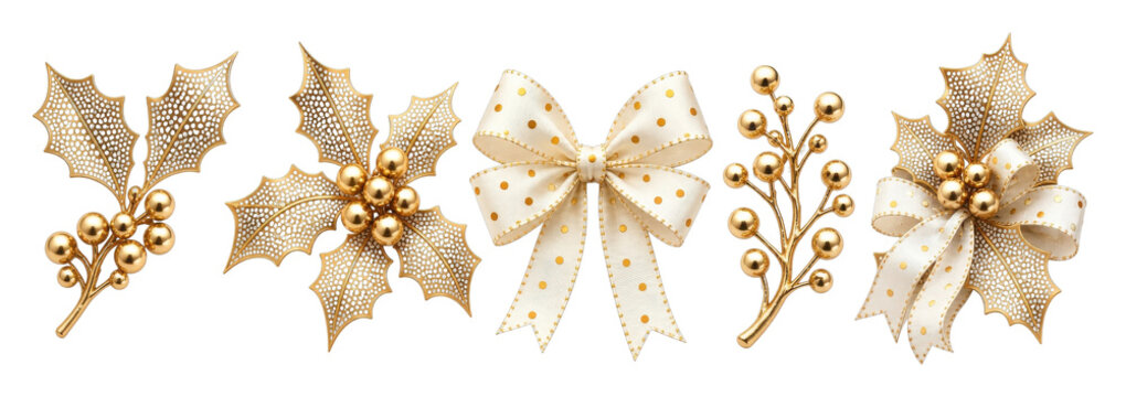 PNG Elegant gold holiday bows berries and holly decorations