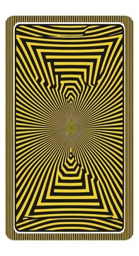 Playing card back design with yellow and black geometric hypnotic pattern