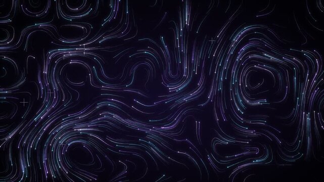Abstract swirling lines of light particles in dark space, representing data flow or energy streams, evolving over time