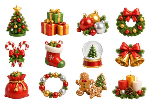 PNG Festive Christmas icons with wreaths, gifts, ornaments, bells