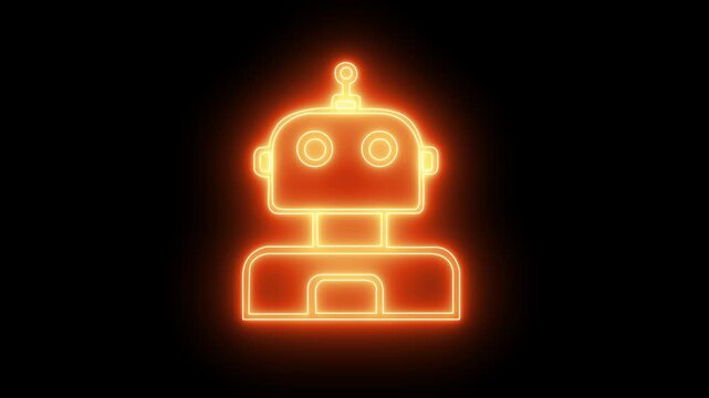 Glowing orange yellow neon robot avatar icon symbol for artificial intelligence, chatbot, and automation
