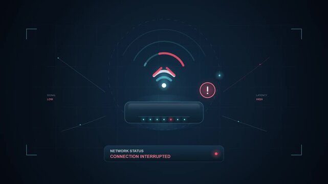 Futuristic network error display showing a Wi-Fi router with an interrupted connection and a network error message.