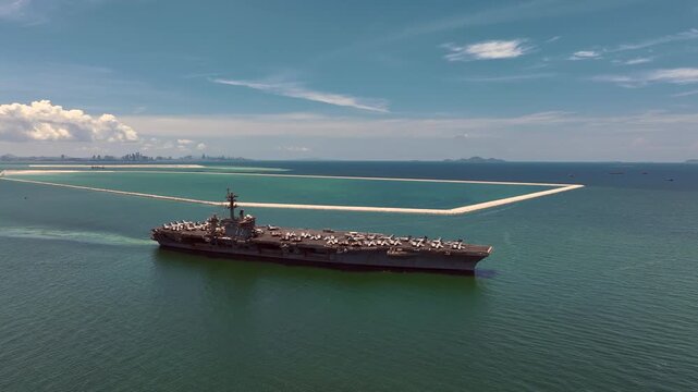 Aerial view nuclear powered aircraft carrier, USA navy ship carrier airplane fighter jet aircraft army navy nuclear ship carrier full fighter jet aircraft technology of battleship.