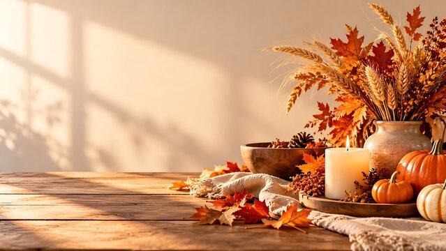 Autumn harvest tabletop display with wheat stalks pumpkins and warm candle light