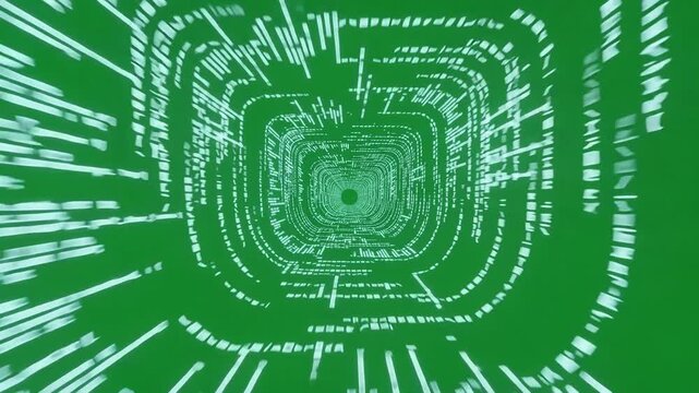 Camera flying through digital green cyber code tunnel with high speed data stream and futuristic circular hud interface design system