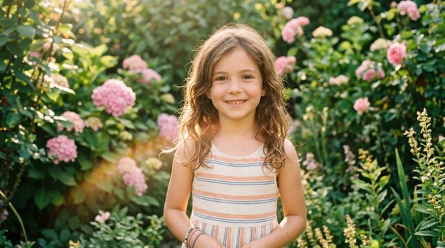 Joyful Young Girl Smiling in Lush Garden with Pink Flowers and Sunlight Flare