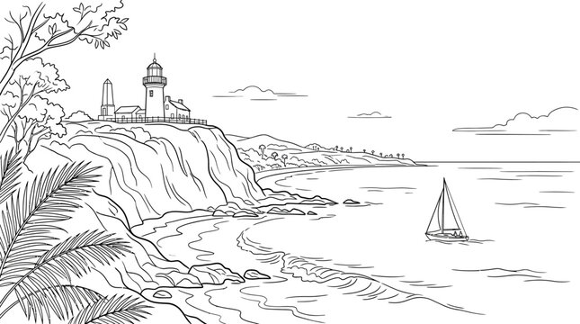 Coastal Lighthouse on Rocky Cliff Overlooking the Ocean Vector Illustration