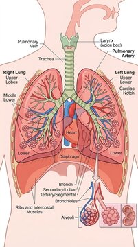 Human Respiratory System Anatomy Diagram Lungs Heart Trachea Bronchioles Alveoli Diaphragm