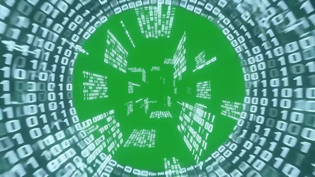 Futuristic binary code data tunnel background with dynamic cyber motion through matrix network and green digital stream in cyberspace