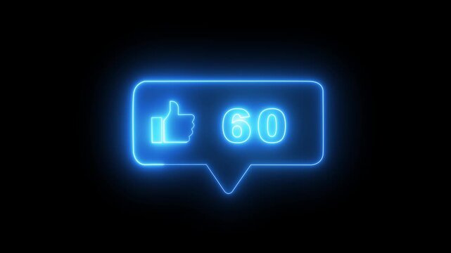 Glowing blue neon thumbs up like notification bubble icon with number counter for social media engagement, feedback badge, and digital marketing