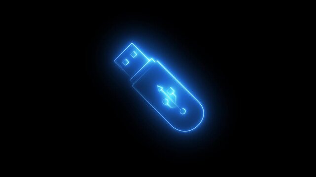 neon USB flash drive icon for data storage, portable memory, transfer technology, hardware device, and digital