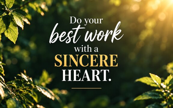 Motivational quote &ldquo;Do Your Best Work With a Sincere Heart&rdquo; on a sunlit green nature background, representing sincerity, dedication, integrity, mindfulness, and positive work values.