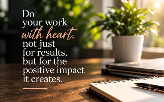 Inspirational quote about working with heart for positive impact, set in a warm modern workspace with plants, notebook, and natural light, ideal for purposeful work themes.