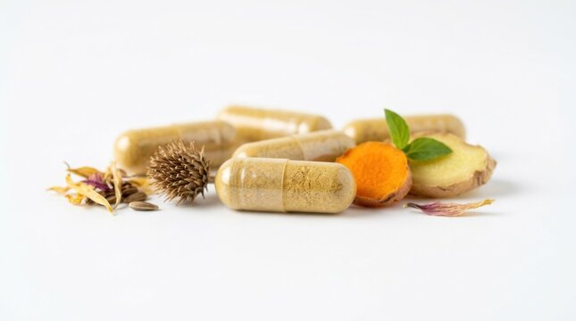 Herbal Supplements Capsules with Turmeric Ginger and Echinacea on White Background Natural Health