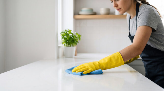 Kitchen Cleaning: A person wearing yellow gloves wipes a white counter in a modern kitchen.