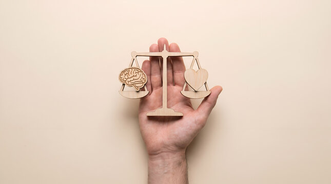 Conceptual image of a hand holding a wooden balance scale with a brain and heart cutout, symbolizing the harmony between logic and emotion, rational thinking, and intuition in decision making.