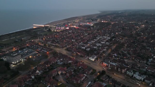 Aerial view of coastal town at twilight