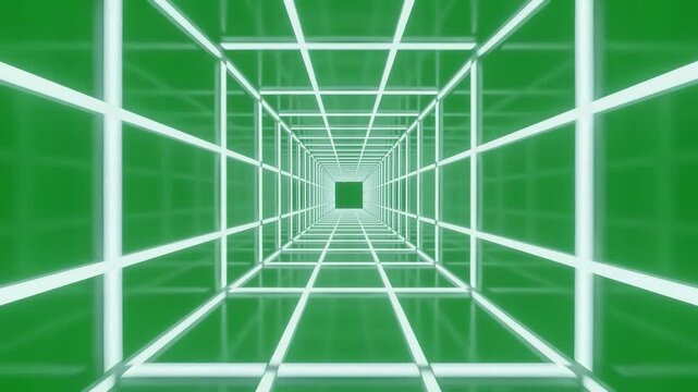 Camera flying through futuristic neon tunnel corridor with glowing green light grid architecture, geometric perspective cube background