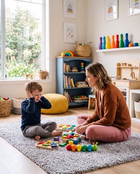 Autism Overwhelmed Child, Patient Teacher: A young boy covers his ears in distress while a patient adult sits beside him on a soft rug, surrounded by colorful toys.