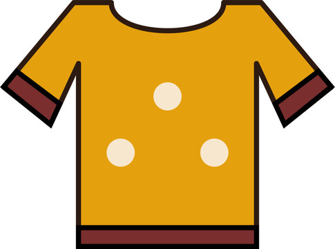 Mustard Yellow T-Shirt With Dark Brown Trim On Sleeves And Bottom And Three Cream Polka Dots And Black Outline Vector Icon
