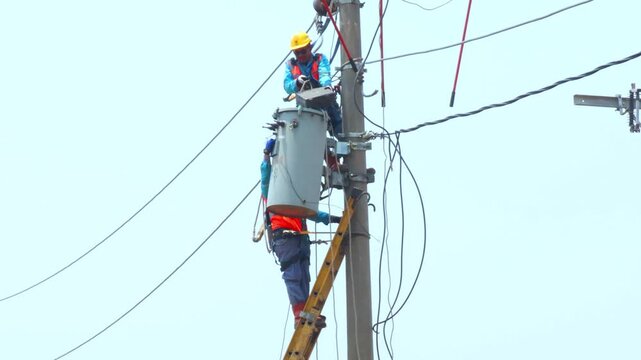 Electrical officers perform meggering on a 50 kVA 1 phase transformer in a 3 phase network. They wear complete PPE, shot in portrait.