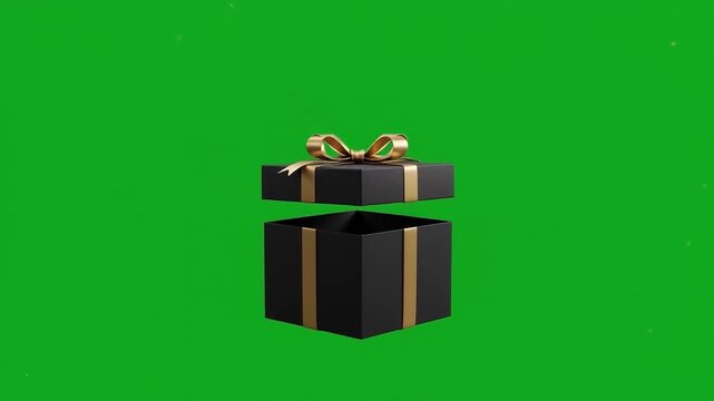 Magic floating gift box radiating golden glowing light with sparkle particles and open lid explosion effect on chroma green screen background