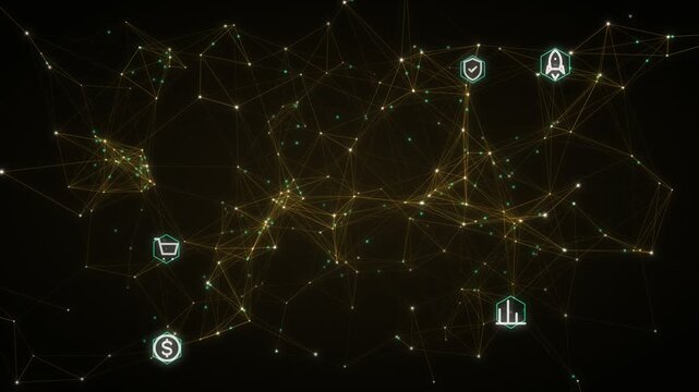 Digital network connecting business icons like shopping cart dollar sign rocket and graph on dark background