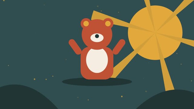 Cute animated bear waving happily under bright yellow sun at night