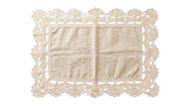 Linen placemat with intricate crochet lace border on a plain surface Isolated on transparent background