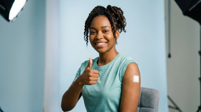 Happy young woman gives thumbs up after vaccination showing bandage on arm light blue background studio lighting