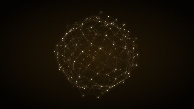 Abstract network of glowing points and lines evolving from a cluster to a sphere and then dispersing