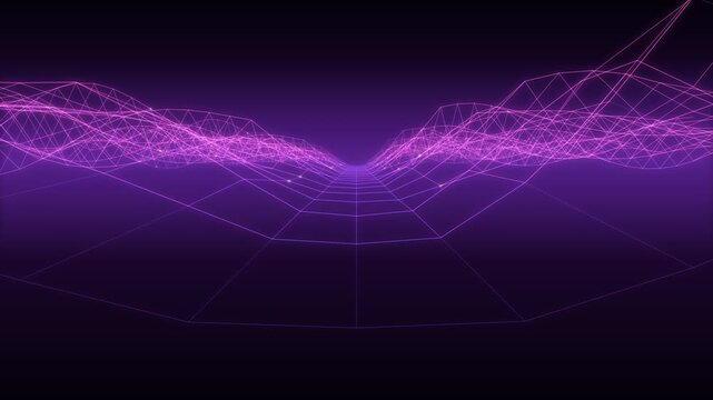 Abstract digital landscape with glowing purple wireframe grid evolving over time