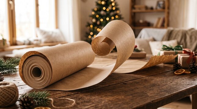 Kraft paper roll on rustic wooden table for Christmas gift wrapping in holiday setting.