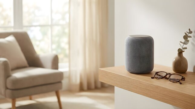 Smart speaker on living room shelf for voice assisted elder living