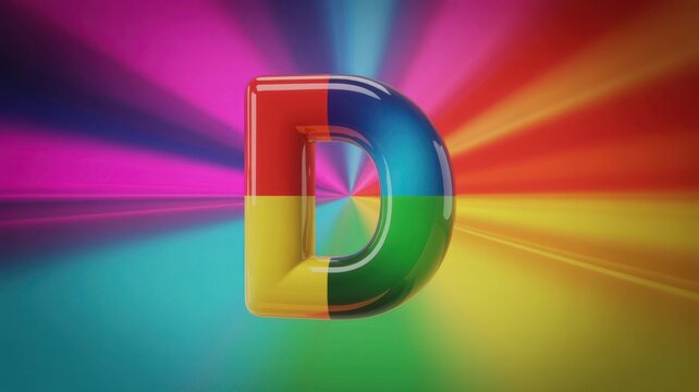 Glossy letter d divided into four colored quadrants on radial background