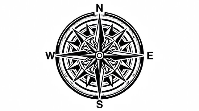 Nautical compass rose with cardinal directions and wind rose design isolated on transparent background