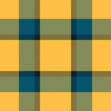 A refined tartan plaid repeat with interlaced check lines and a woven fabric surface. Amber and cyan tones bring classic fabric heritage to a seamless fabric design for craft projects.
